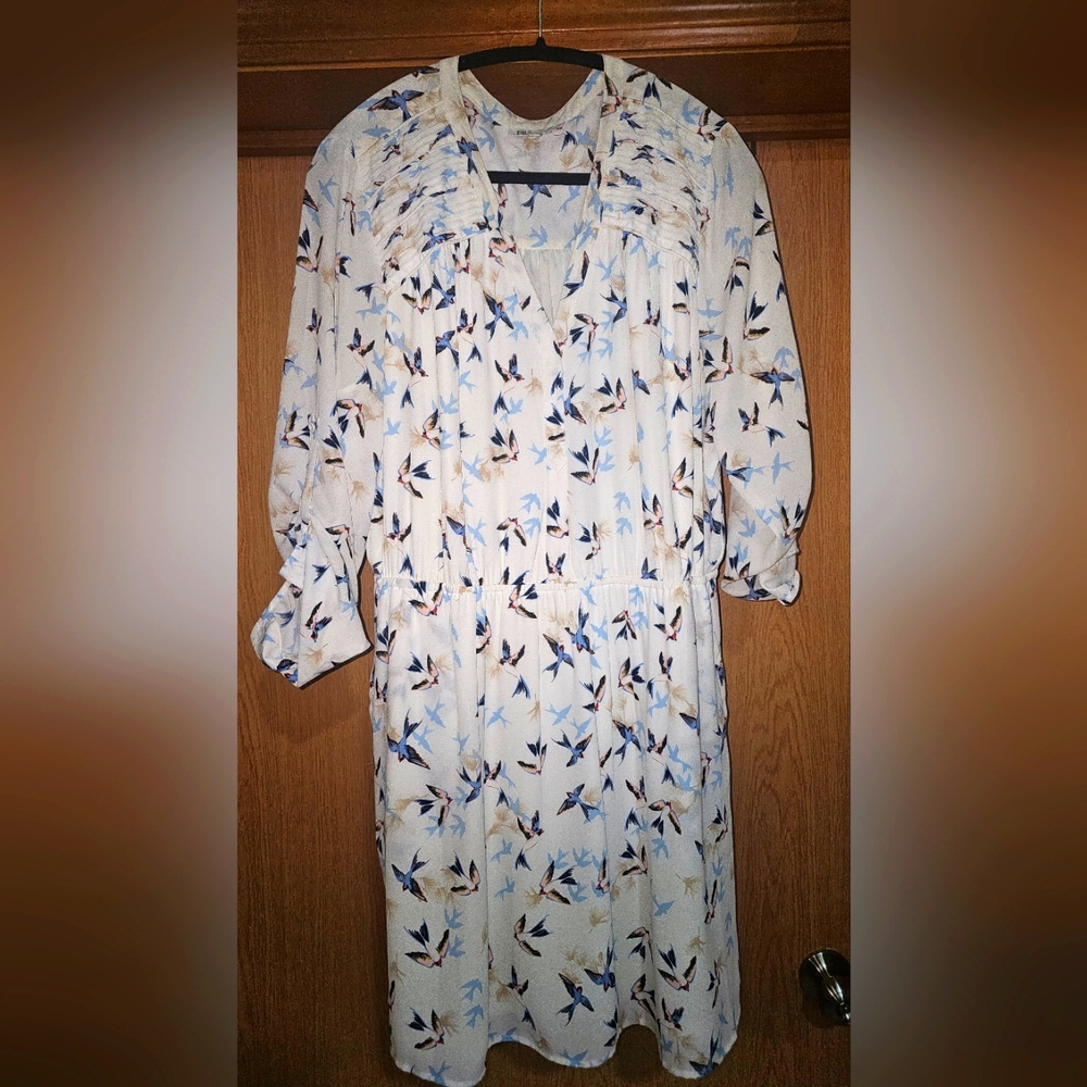 DR2 Bird Pattern Shirt Dress w/button roll up sleeves